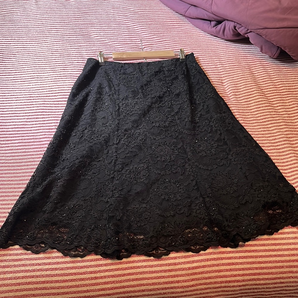 Garnet Hill Beaded Lace Long Black Skirt (14)